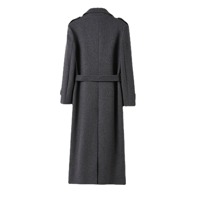 Herren Bodenlanger Einreihiger Wollmix-Mantel mit markantem Revers und Schulterriegel Drune