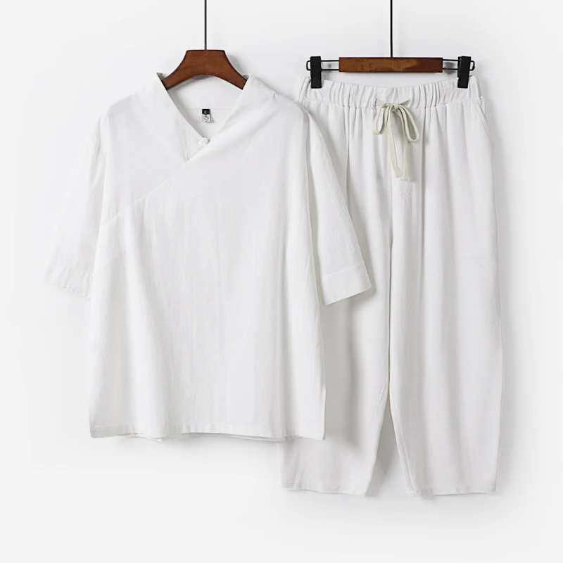 Herren Atmungsaktives Leinen-Baumwoll Lounge-Set mit asymmetrischem V-Kragen und elastischer Kordelhose Drune