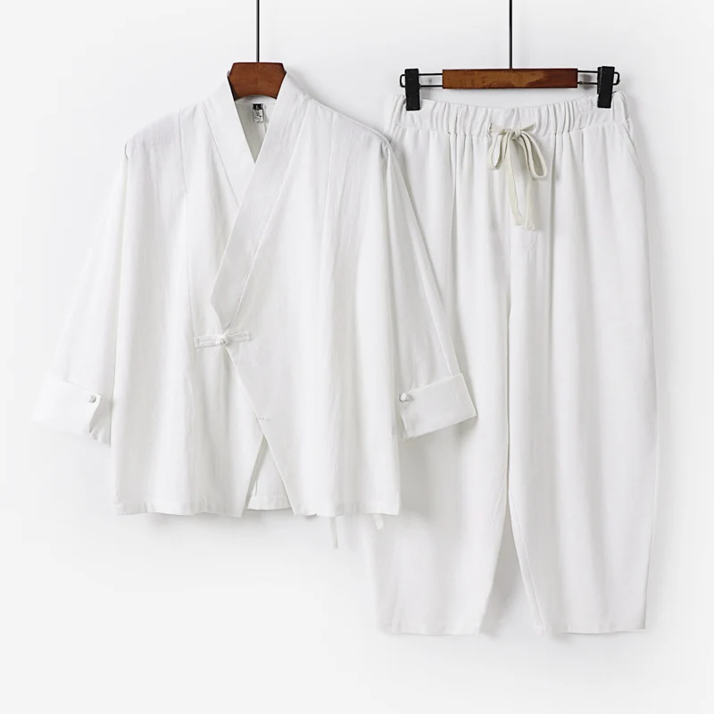 Herren Atmungsaktives Leinen-Baumwoll Lounge-Set mit asymmetrischem V-Kragen und elastischer Kordelhose Drune
