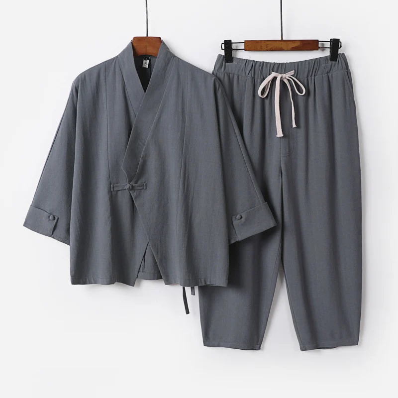 Herren Atmungsaktives Leinen-Baumwoll Lounge-Set mit asymmetrischem V-Kragen und elastischer Kordelhose Drune