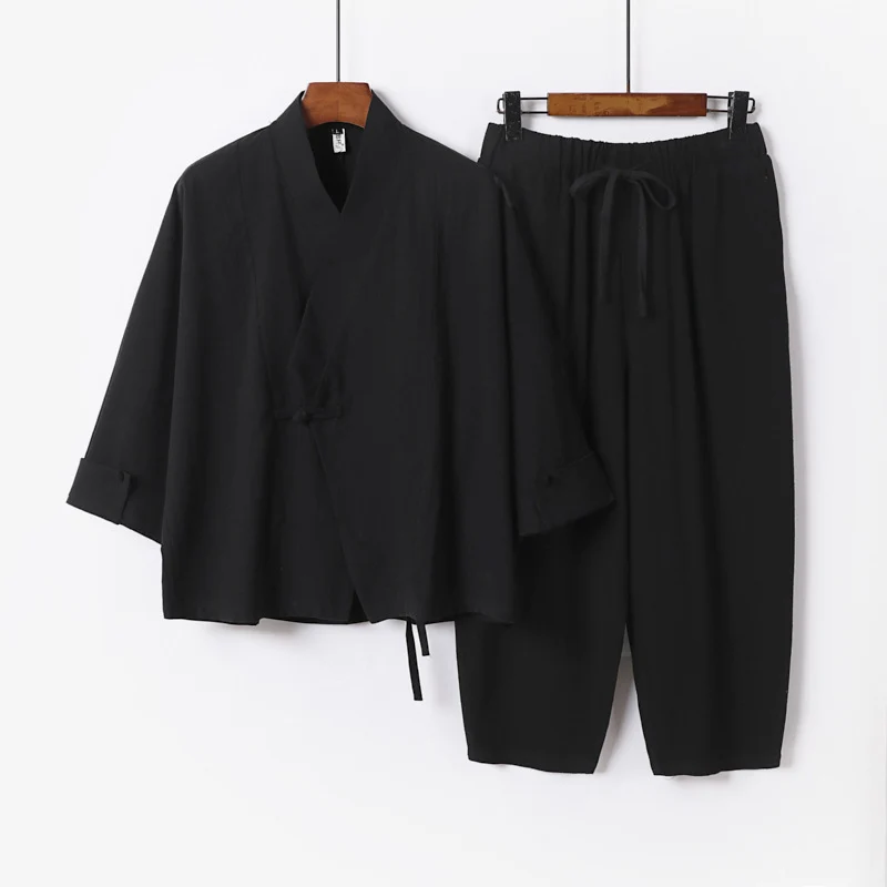 Herren Atmungsaktives Leinen-Baumwoll Lounge-Set mit asymmetrischem V-Kragen und elastischer Kordelhose Drune