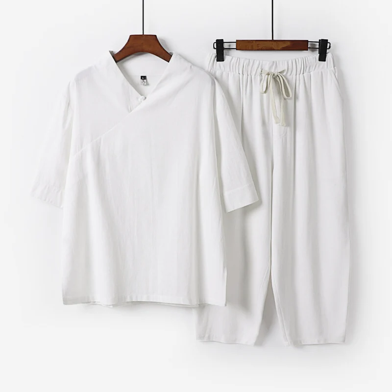 Herren Atmungsaktives Leinen-Baumwoll Lounge-Set mit asymmetrischem V-Kragen und elastischer Kordelhose Drune