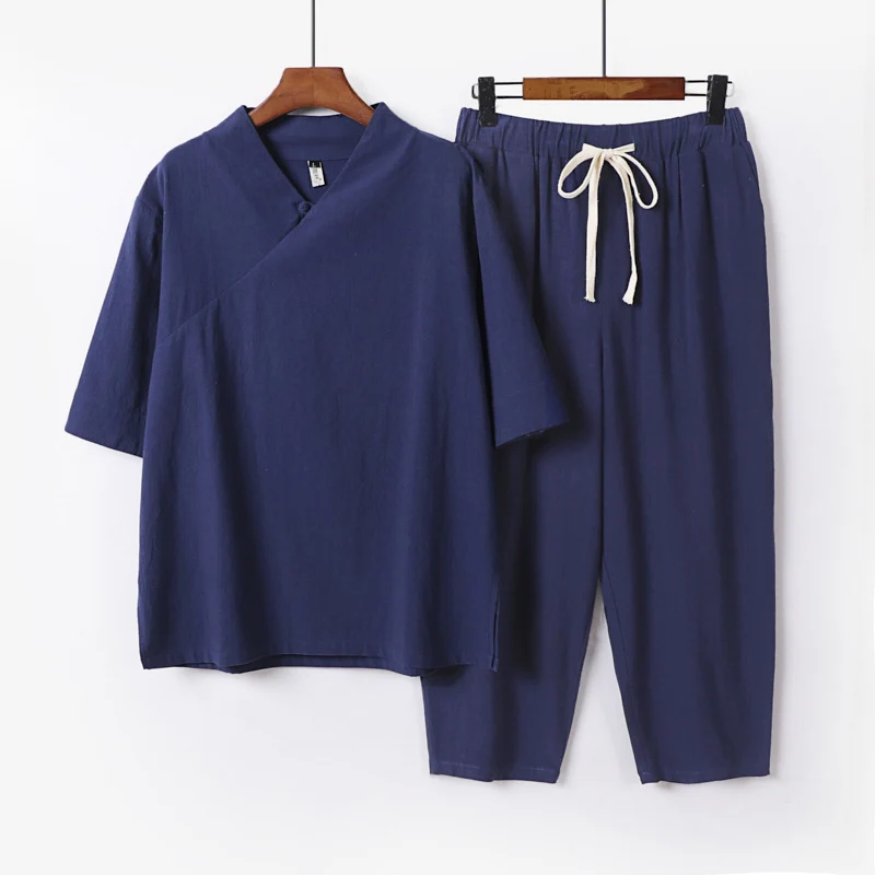 Herren Atmungsaktives Leinen-Baumwoll Lounge-Set mit asymmetrischem V-Kragen und elastischer Kordelhose Drune