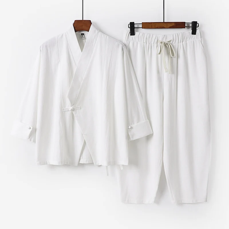 Herren Atmungsaktives Leinen-Baumwoll Lounge-Set mit asymmetrischem V-Kragen und elastischer Kordelhose Drune