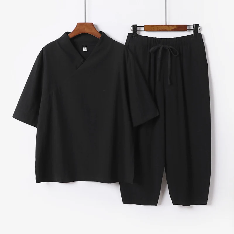Herren Atmungsaktives Leinen-Baumwoll Lounge-Set mit asymmetrischem V-Kragen und elastischer Kordelhose Drune