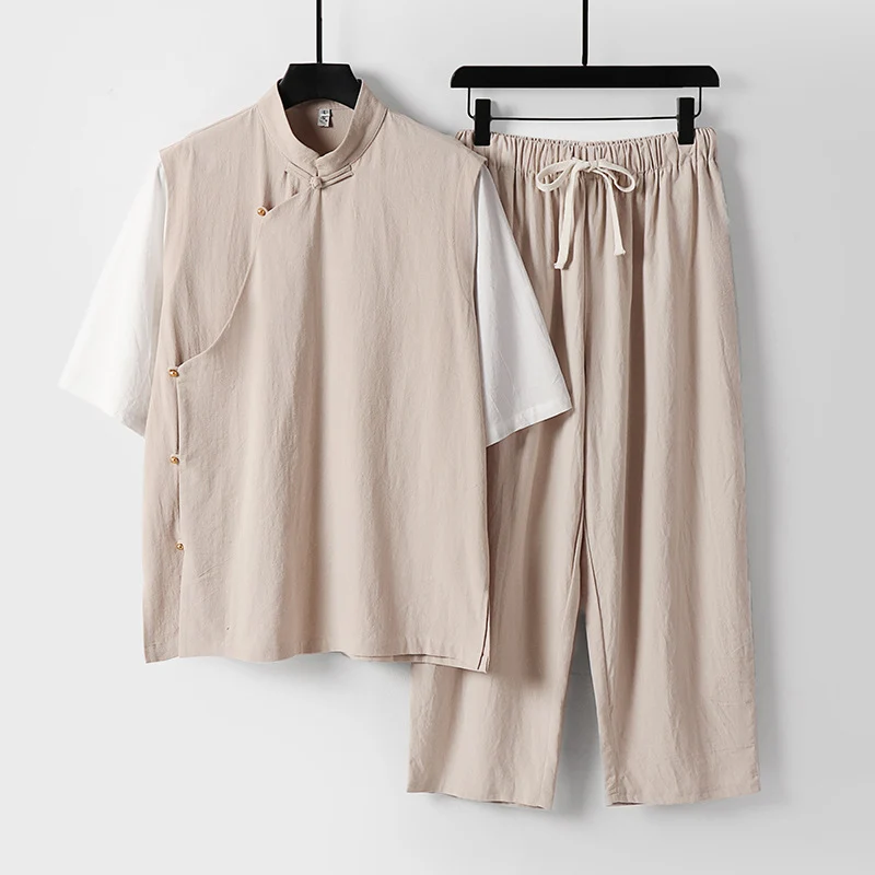 Herren Asymmetrisches Kimono-Loungewear-Set mit Stehkragen und Kordelhose Drune