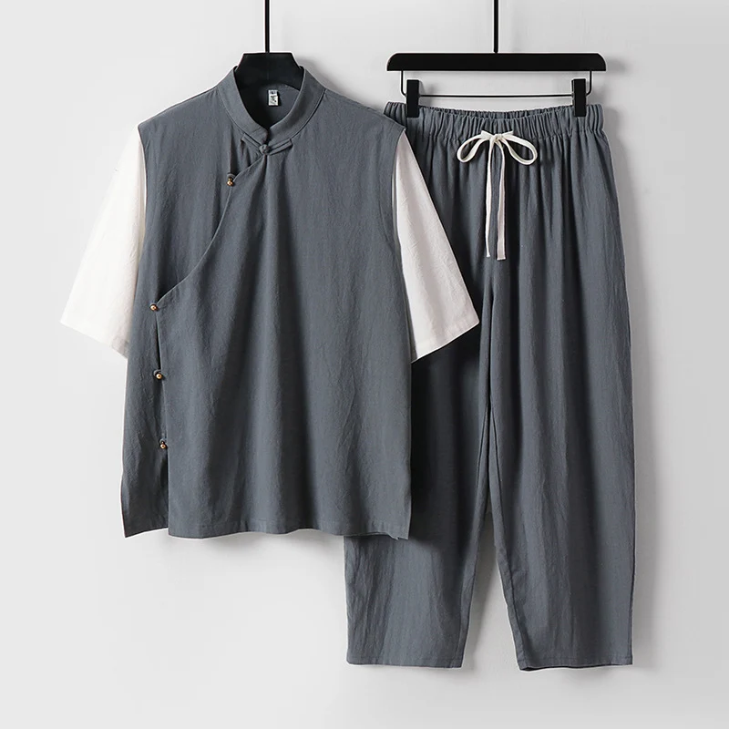 Herren Asymmetrisches Kimono-Loungewear-Set mit Stehkragen und Kordelhose Drune