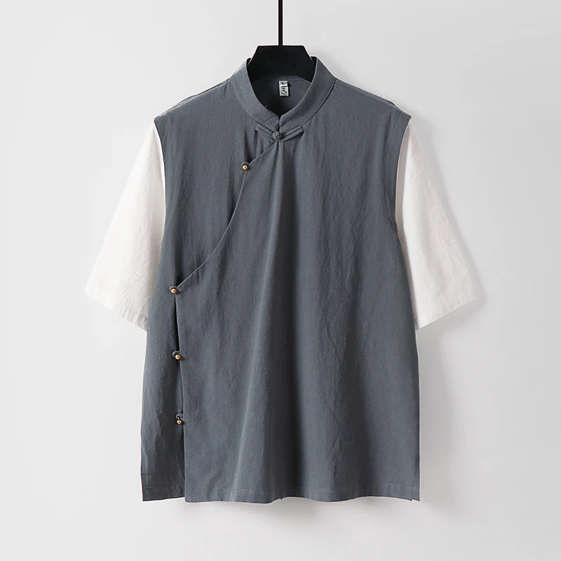 Herren Asymmetrische Leinenweste mit Stehkragen und seitlicher Knopfleiste Drune