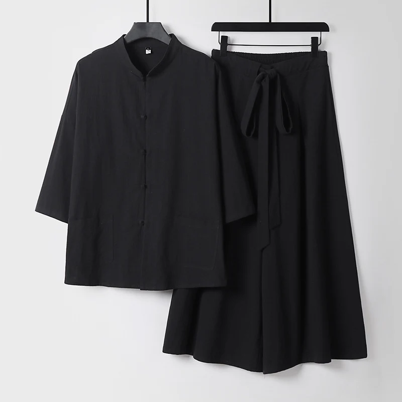 Damen Zweiteiliges Leichtes Lounge-Set mit Stehkragen, Kurzarm-Jacke und weitem Palazzo-Hosenrock Drune