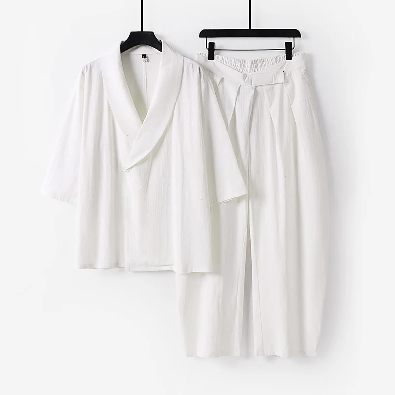 Damen Zweiteiliges Kimono-Loungewear-Set mit Schalkragen Kurzarm-Oberteil und hochtaillierter Plissee-Hose Drune