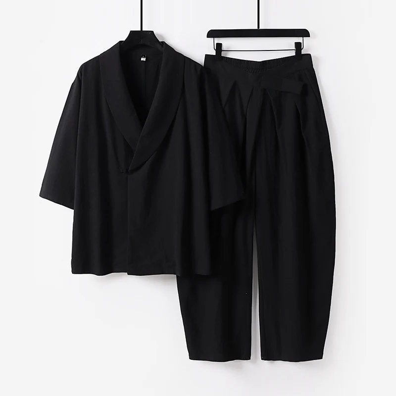 Damen Zweiteiliges Kimono-Loungewear-Set mit Schalkragen Kurzarm-Oberteil und hochtaillierter Plissee-Hose Drune