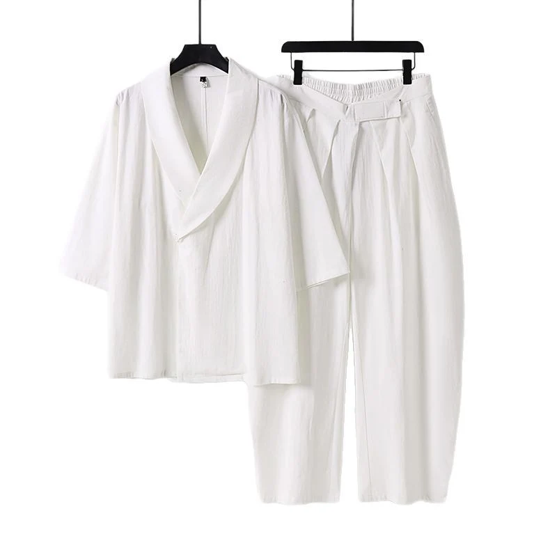 Damen Zweiteiliges Kimono-Loungewear-Set mit Schalkragen Kurzarm-Oberteil und hochtaillierter Plissee-Hose Drune