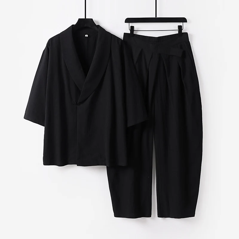 Damen Zweiteiliges Kimono-Loungewear-Set mit Schalkragen Kurzarm-Oberteil und hochtaillierter Plissee-Hose Drune