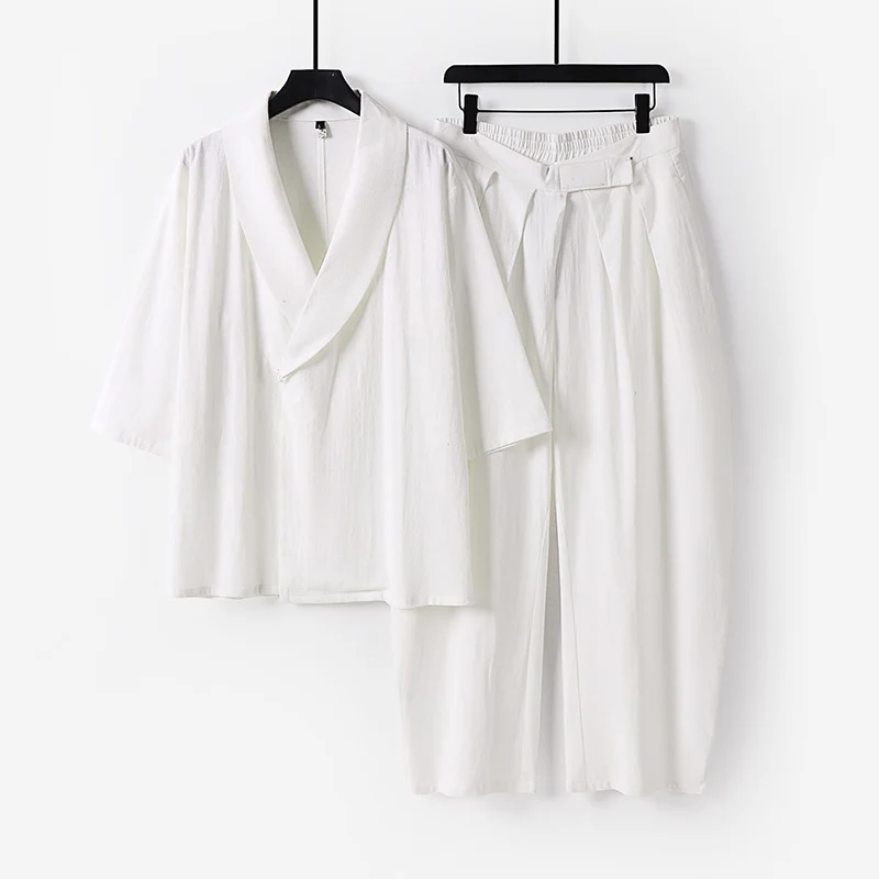Damen Zweiteiliges Kimono-Loungewear-Set mit Schalkragen Kurzarm-Oberteil und hochtaillierter Plissee-Hose Drune