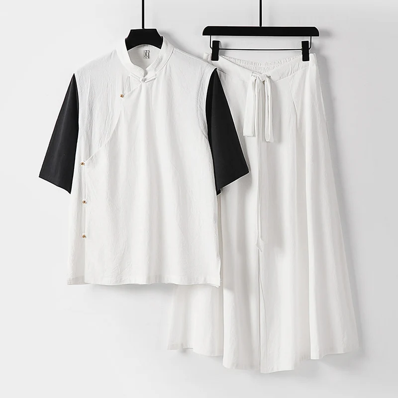 Damen Zweiteiliges Kimono-Loungewear-Set aus Leinenmischung mit Stehkragen asymmetrischer Knopfleiste und weitem Palazzo-Hosenrock Drune