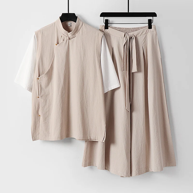 Damen Zweiteiliges Kimono-Loungewear-Set aus Leinenmischung mit Stehkragen asymmetrischer Knopfleiste und weitem Palazzo-Hosenrock Drune