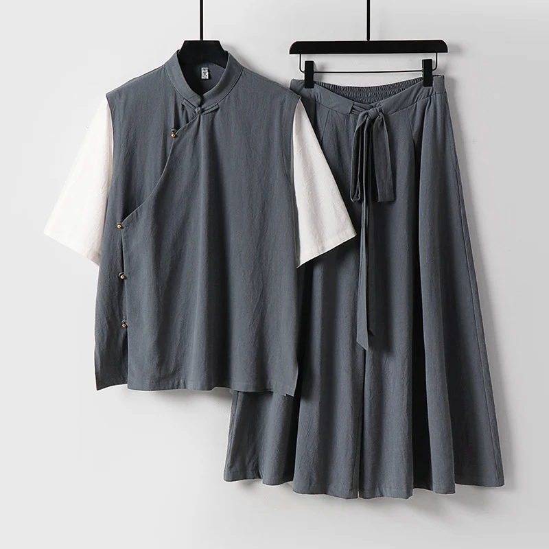 Damen Zweiteiliges Kimono-Loungewear-Set aus Leinenmischung mit Stehkragen asymmetrischer Knopfleiste und weitem Palazzo-Hosenrock Drune