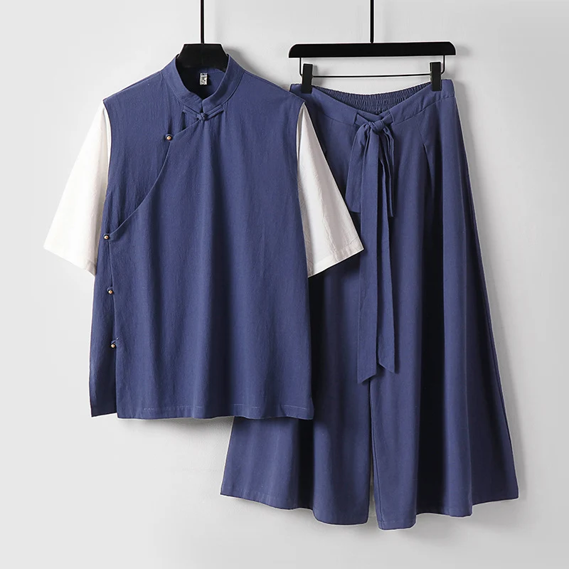 Damen Zweiteiliges Kimono-Loungewear-Set aus Leinenmischung mit Stehkragen asymmetrischer Knopfleiste und weitem Palazzo-Hosenrock Drune