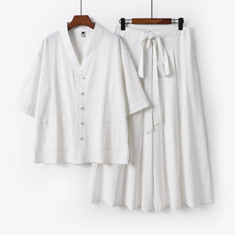 Damen Zweiteiliges Kimono-Lounge-Set mit Kurzarm-Knopfjacke, aufgesetzten Taschen und weiten Palazzo-Hosen Drune