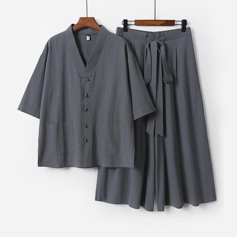 Damen Zweiteiliges Kimono-Lounge-Set mit Kurzarm-Knopfjacke, aufgesetzten Taschen und weiten Palazzo-Hosen Drune