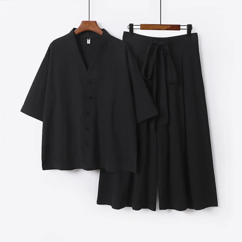 Damen Zweiteiliges Kimono-Lounge-Set mit Kurzarm-Knopfjacke, aufgesetzten Taschen und weiten Palazzo-Hosen Drune