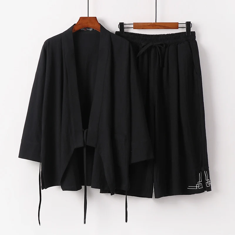 Damen Zen-Kimono-Lounge-Set aus atmungsaktivem Baumwollmix mit Bindebandjacke und weiten Culotte-Hose Drune