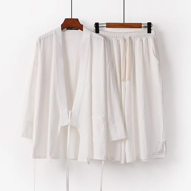 Damen Zen-Kimono-Lounge-Set aus atmungsaktivem Baumwollmix mit Bindebandjacke und weiten Culotte-Hose Drune