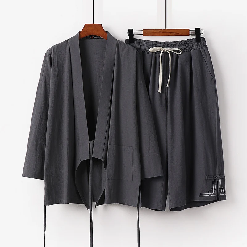Damen Zen-Kimono-Lounge-Set aus atmungsaktivem Baumwollmix mit Bindebandjacke und weiten Culotte-Hose Drune