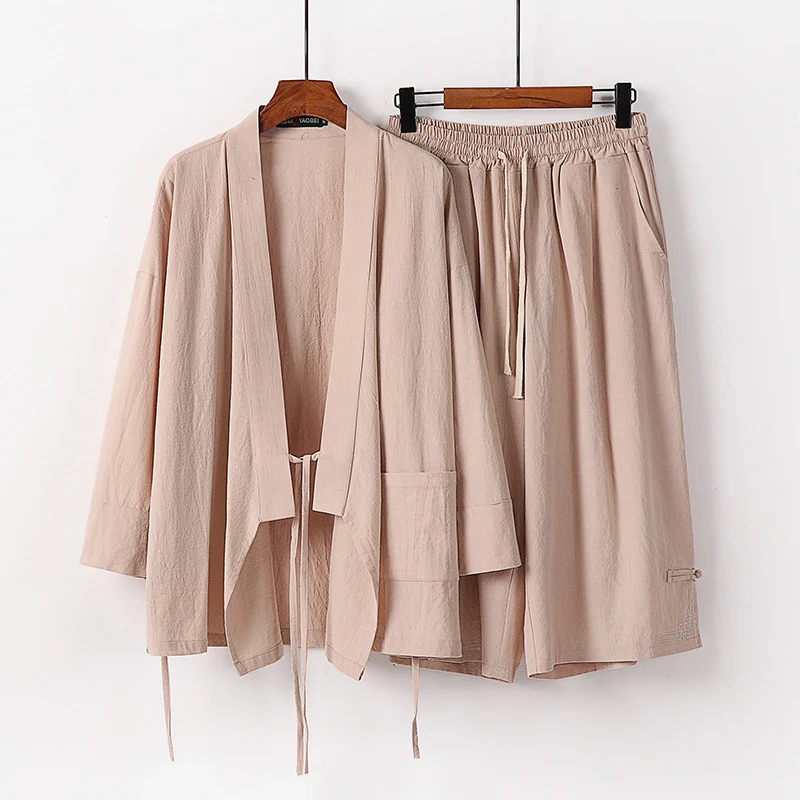 Damen Zen-Kimono-Lounge-Set aus atmungsaktivem Baumwollmix mit Bindebandjacke und weiten Culotte-Hose Drune