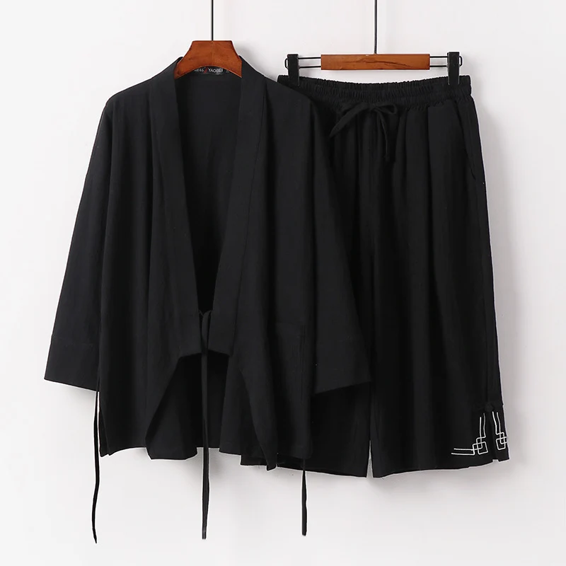 Damen Zen-Kimono-Lounge-Set aus atmungsaktivem Baumwollmix mit Bindebandjacke und weiten Culotte-Hose Drune