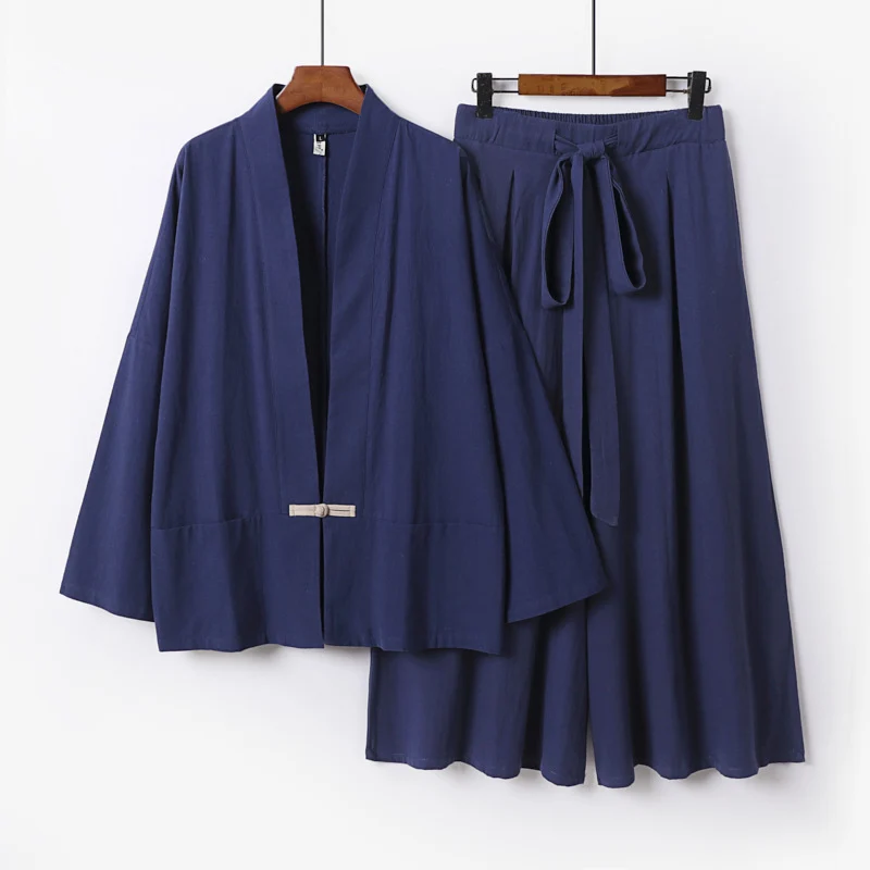 Damen Zen-inspiriertes Kimono-Set aus fließender Viskose mit kurzer Jacke und weiter Culotte-Hose Drune