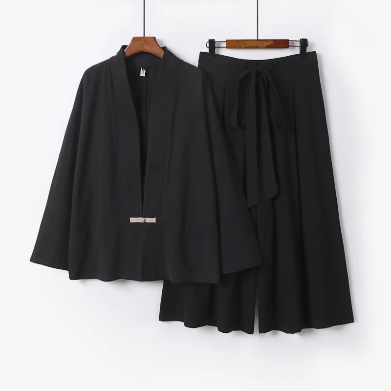 Damen Zen-inspiriertes Kimono-Set aus fließender Viskose mit kurzer Jacke und weiter Culotte-Hose Drune