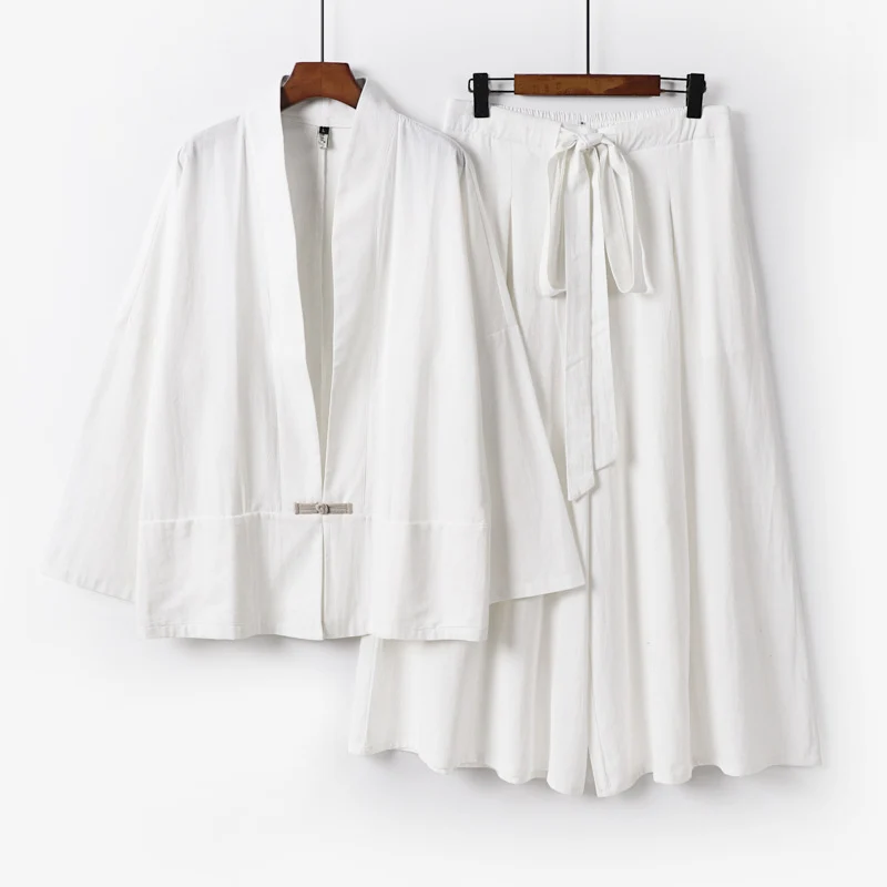 Damen Zen-inspiriertes Kimono-Set aus fließender Viskose mit kurzer Jacke und weiter Culotte-Hose Drune