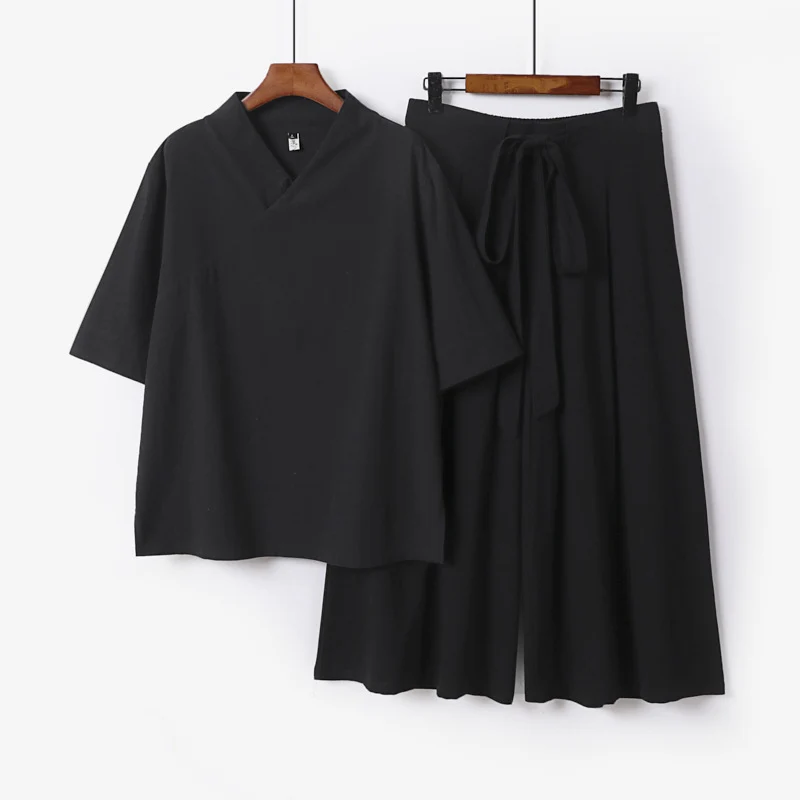 Damen Weites Kimono-Loungewear-Set mit V-Ausschnitt und Culotte-Hose Drune