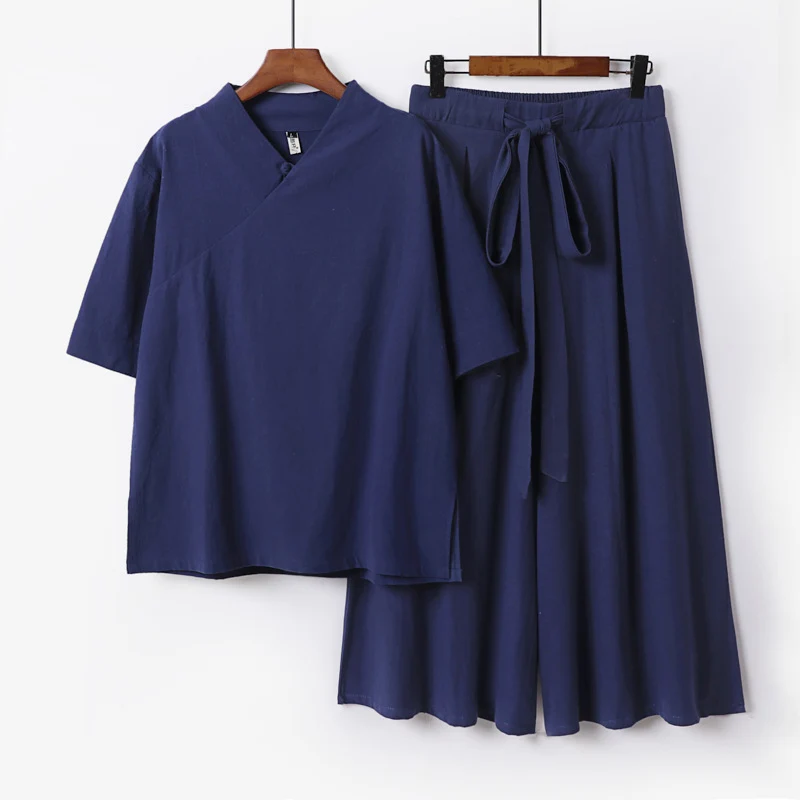 Damen Weites Kimono-Loungewear-Set mit V-Ausschnitt und Culotte-Hose Drune
