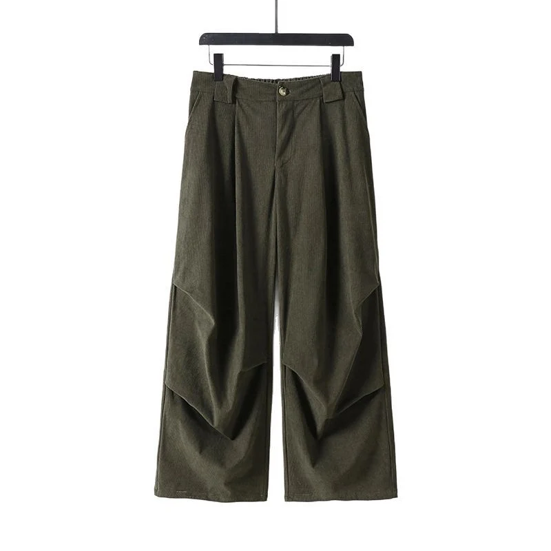 Damen Weite Cordhose mit hoher Taille, Bundfalten und Eingrifftaschen Drune