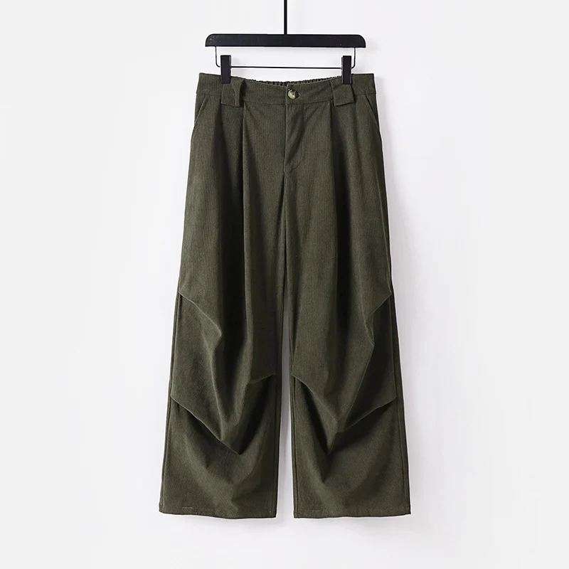 Damen Weite Cordhose mit hoher Taille, Bundfalten und Eingrifftaschen Drune