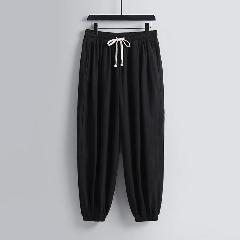 Damen weite Baumwoll-Leinen-Freizeithose mit Kordelzug und elastischen Knöchelbündchen Drune