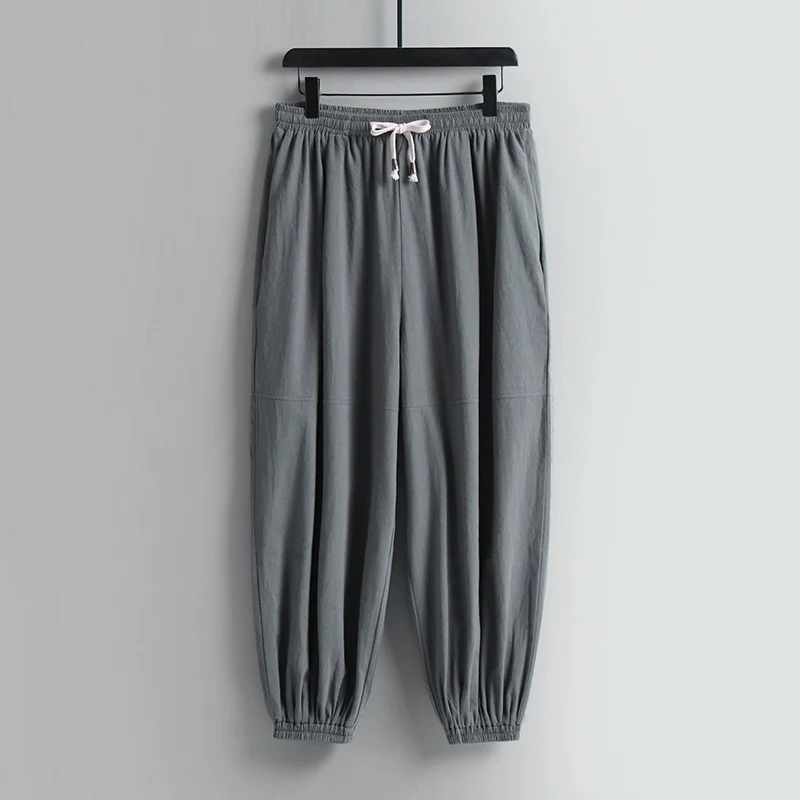 Damen weite Baumwoll-Leinen-Freizeithose mit Kordelzug und elastischen Knöchelbündchen Drune