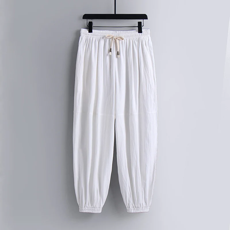 Damen weite Baumwoll-Leinen-Freizeithose mit Kordelzug und elastischen Knöchelbündchen Drune