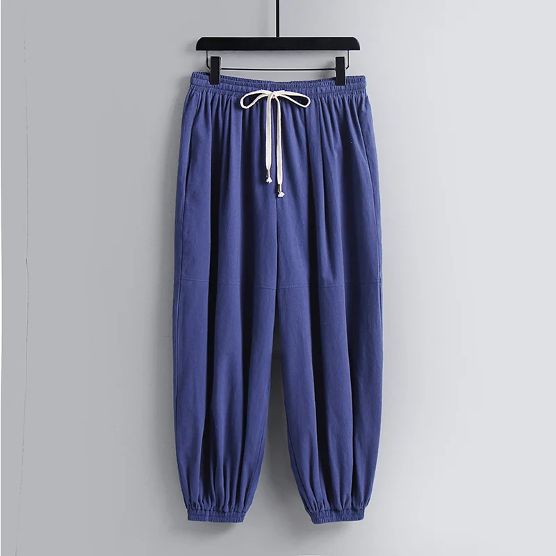 Damen weite Baumwoll-Leinen-Freizeithose mit Kordelzug und elastischen Knöchelbündchen Drune