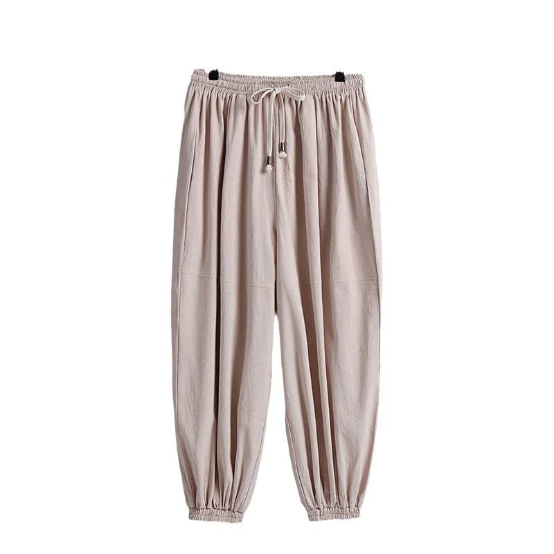 Damen weite Baumwoll-Leinen-Freizeithose mit Kordelzug und elastischen Knöchelbündchen Drune