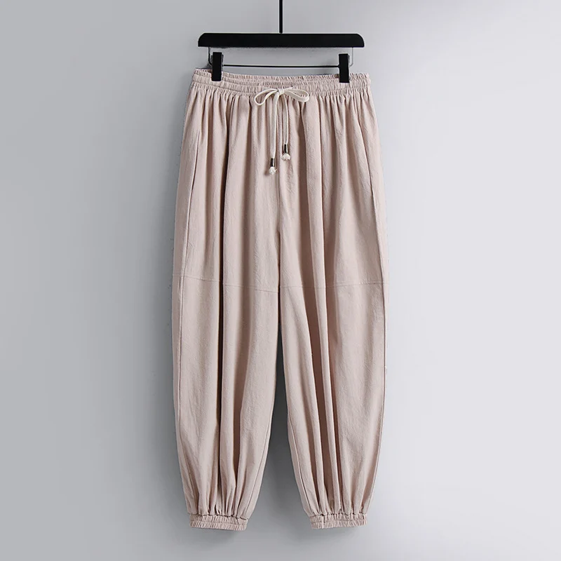 Damen weite Baumwoll-Leinen-Freizeithose mit Kordelzug und elastischen Knöchelbündchen Drune