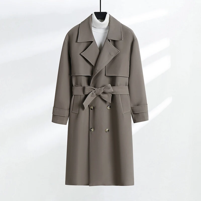 Damen taillierter Doppelreiher-Trenchcoat mit Bindegürtel und Schalkragen Drune