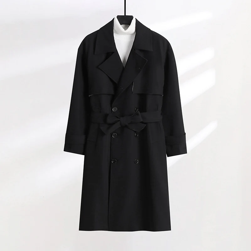 Damen taillierter Doppelreiher-Trenchcoat mit Bindegürtel und Schalkragen Drune