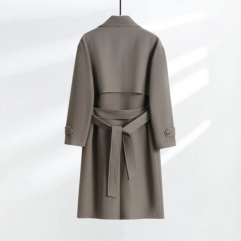 Damen taillierter Doppelreiher-Trenchcoat mit Bindegürtel und Schalkragen Drune