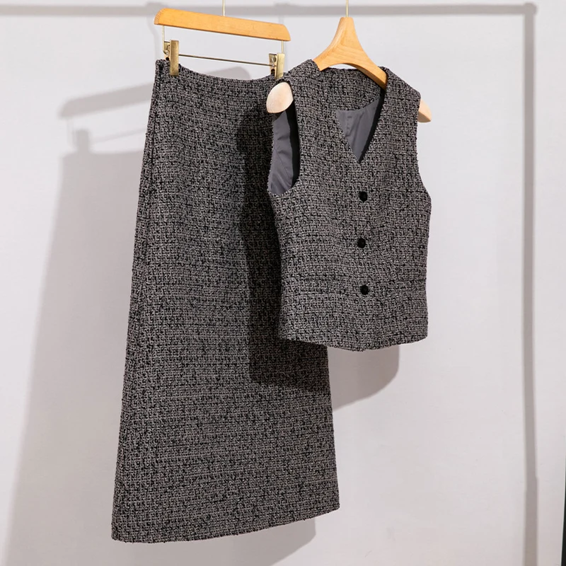 Damen Hochtaillierter Tweed-Midirock mit geradem Schnitt und leichter A‑Linie Drune
