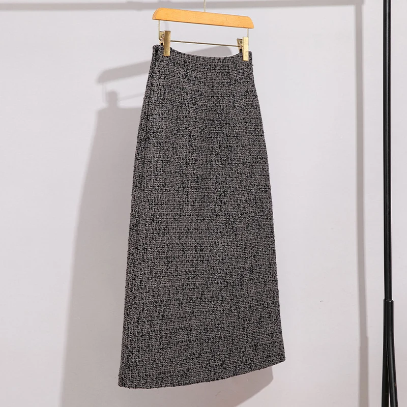Damen Hochtaillierter Tweed-Midirock mit geradem Schnitt und leichter A‑Linie Drune