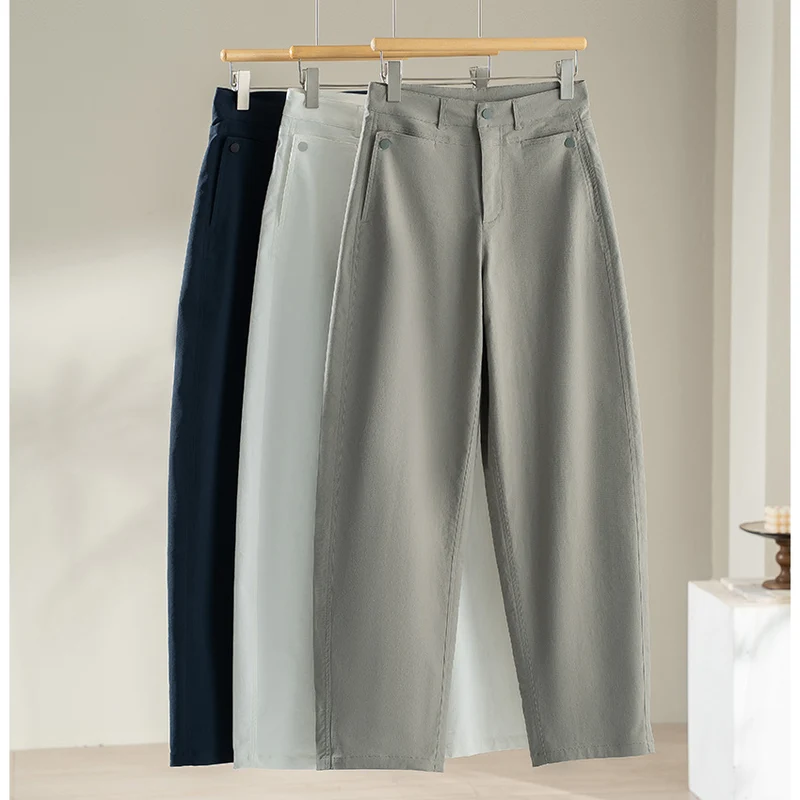 Damen hochtaillierte weite Stoffhose mit geradem Bein, Komfortbund und Eingrifftaschen Drune