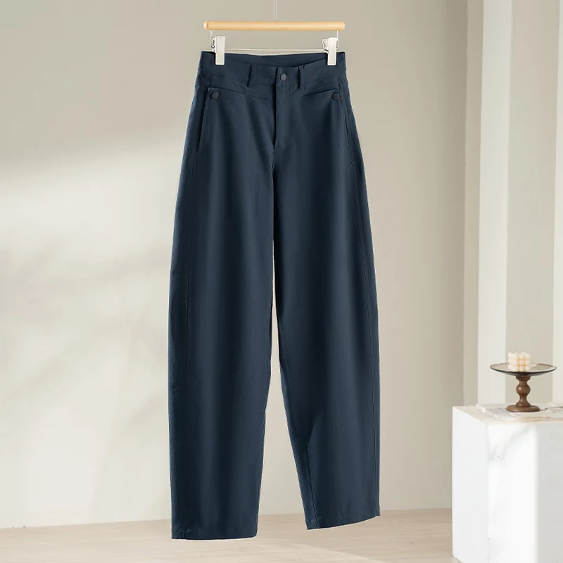 Damen hochtaillierte weite Stoffhose mit geradem Bein, Komfortbund und Eingrifftaschen Drune